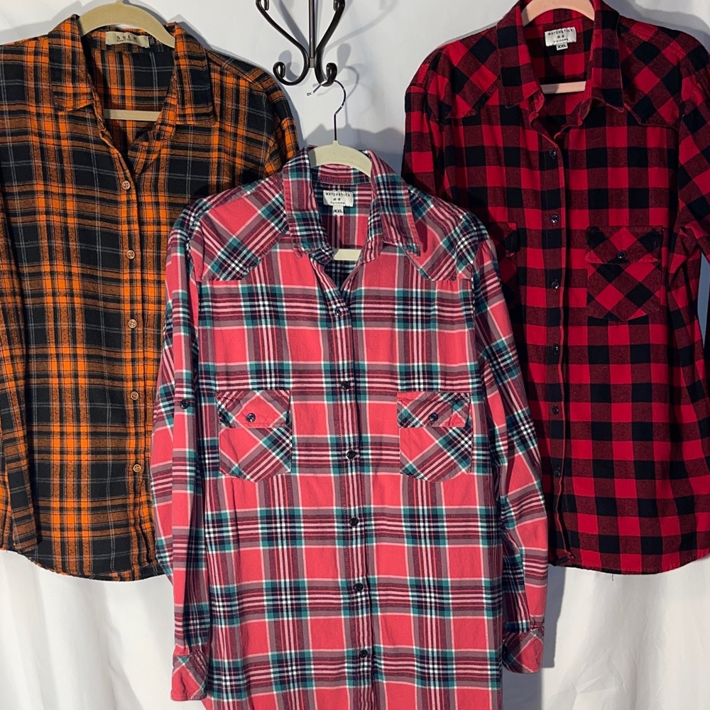 Plaid Flannel Button-Up Shirts in Red, Orange, and Pink